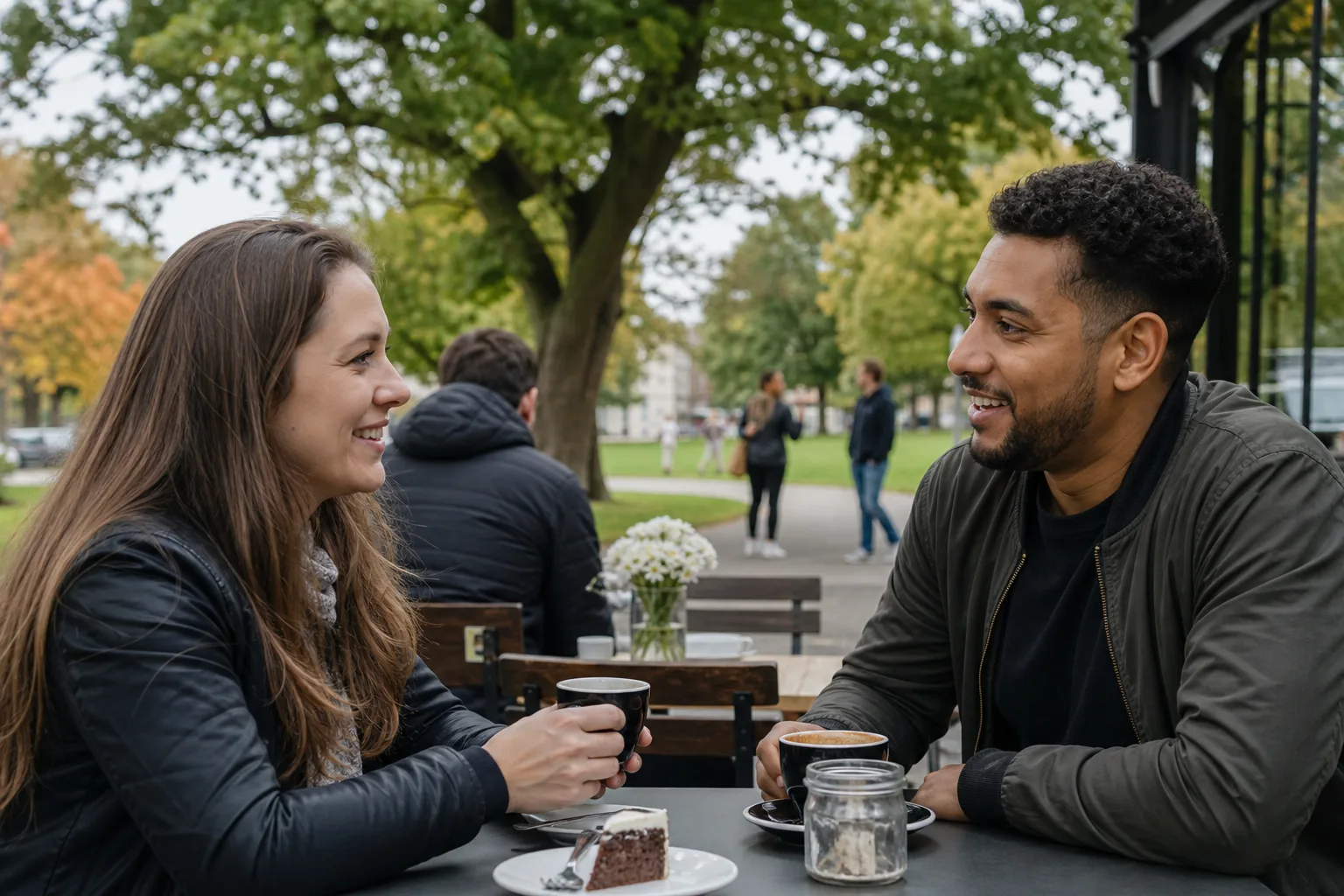 Two people chatting over coffee in Nottinghamshire