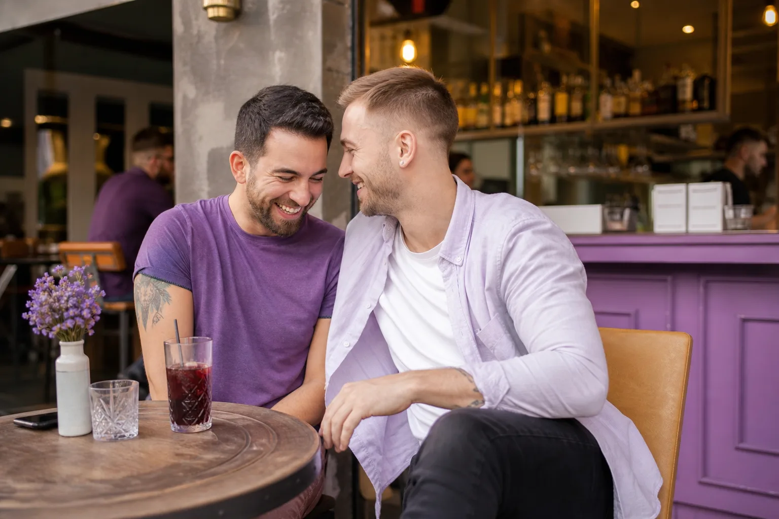 Two men talking over coffee in Nottingham city centre