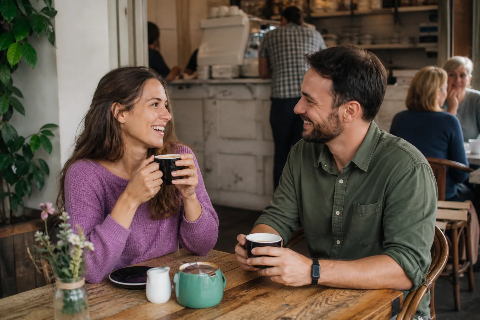 Two people talking over coffee in Mansfield town centre