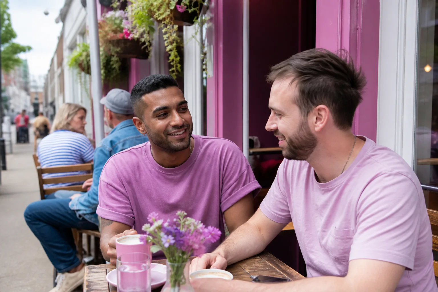 Two men chatting over coffee in Worksop town centre