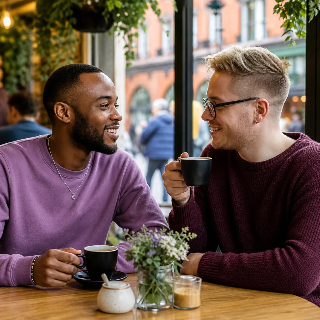 Men meeting outside a café in Nottingham's Hockley neighbourhood