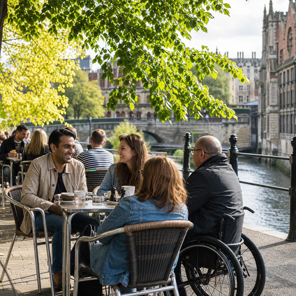 Two adults meeting in a busy Nottingham café during the day