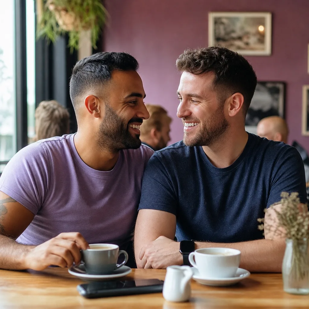 Gay couple chatting at a table in a busy Nottingham café
