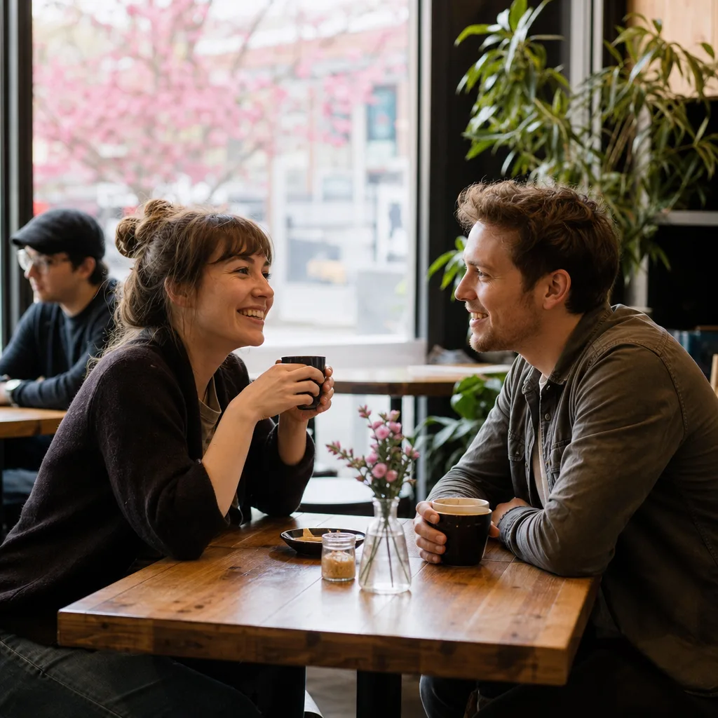 Two adults meeting at a busy public café in Mansfield