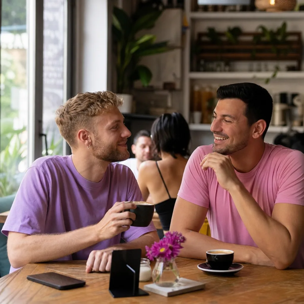 Gay singles talking at a welcoming café table in Worksop
